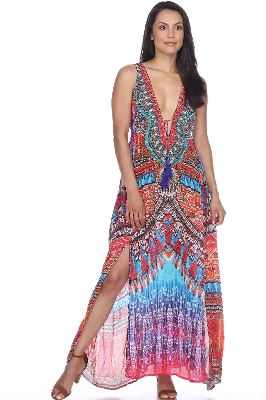 Resort Beach 2 Two Slit Party Maxi Long Dresses for Women - Sun Beach Club Dresses, Summer Wedding and Casual Evening Tunics Trousers formal