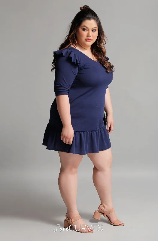 Drop Waist Ruffle Dress - Navy Blue Bodycon Club Sequined