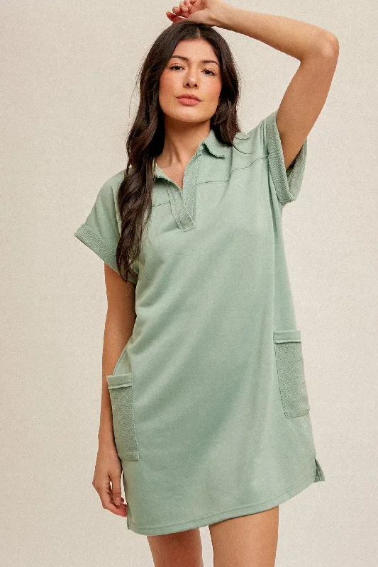 Mint Terry Cuff Sleeve Pocketed Collared Dress Tunics Chinos classic