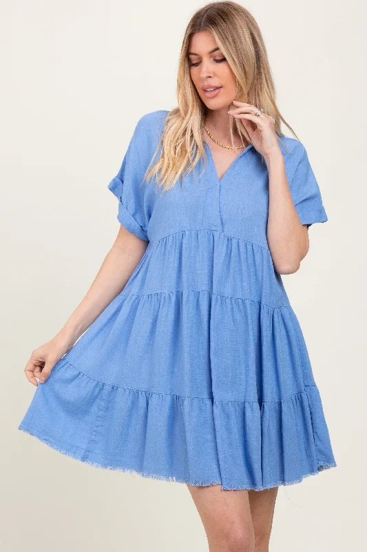 Blue Tiered Linen Dress Tunics Floral girly