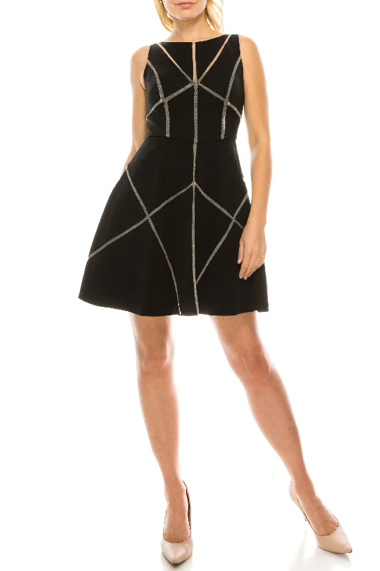 Aidan Mattox Black Twill & Mesh Dress Crew Neckline Casual