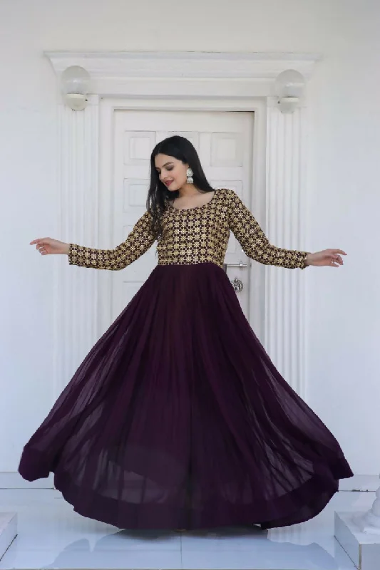 Jyoti Fashion Women's Wine Sequence Zari Embroidered Faux Blooming Anarkali Dress Tunics Spring floral
