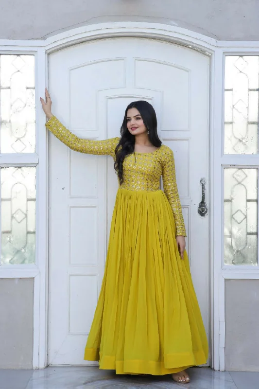 Jyoti Fashion Women's Yellow Sequence Zari Embroidered Faux Blooming Anarkali Dress Tunics Bridal satin Jyoti Fashion Women's Yellow Sequence Zari Embroidered Faux Blooming Anarkali Dress Tunics Bridal satin