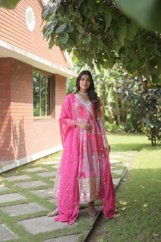 Jyoti Fashion Women's Pink Russian Silk Digital Print with Embroidered Anarkali Dress with Dupatta Floral Print girly Jyoti Fashion Women's Pink Russian Silk Digital Print with Embroidered Anarkali Dress with Dupatta Floral Print girly