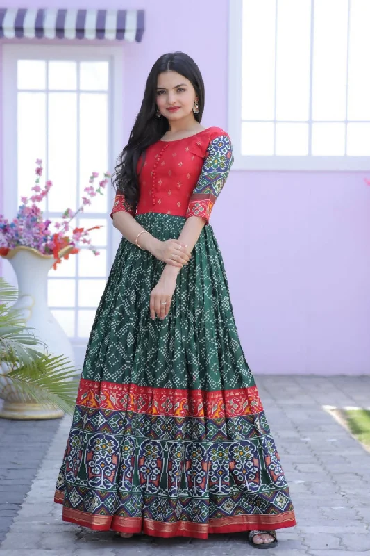 Jyoti Fashion Women's Bottle Green Patola with Foil Print Dola Silk Anarkali Dress Tunics Yoga stretchy Jyoti Fashion Women's Bottle Green Patola with Foil Print Dola Silk Anarkali Dress Tunics Yoga stretchy