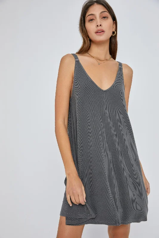 Charcoal Ribbed Sleeveless Front Seam Dress Tunics Handmade artisanal