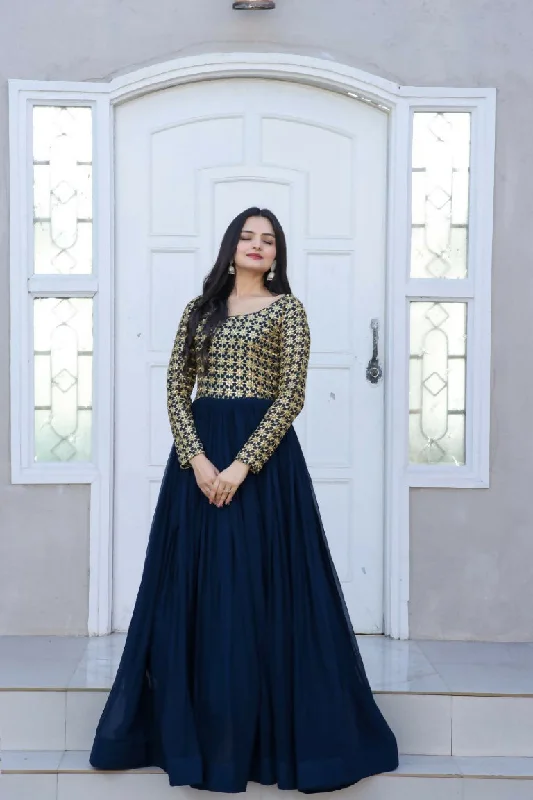 Jyoti Fashion Women's Navy Blue Sequence Zari Embroidered Faux Blooming Anarkali Dress Tunics stripes playful Jyoti Fashion Women's Navy Blue Sequence Zari Embroidered Faux Blooming Anarkali Dress Tunics stripes playful
