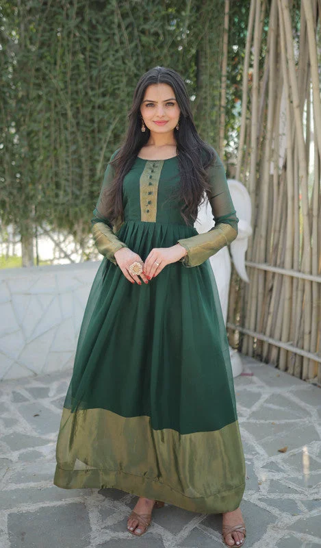Jyoti Fashion Women's Green Chiffon Zari Woven Festive Anarkali Dress Turtleneck Neckline Stylish Jyoti Fashion Women's Green Chiffon Zari Woven Festive Anarkali Dress Turtleneck Neckline Stylish