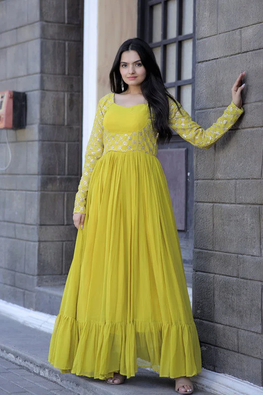 Jyoti Fashion Women's Yellow Faux Blooming Sequins with Zari Embroidered Anarkali Dress Tunics Spring floral