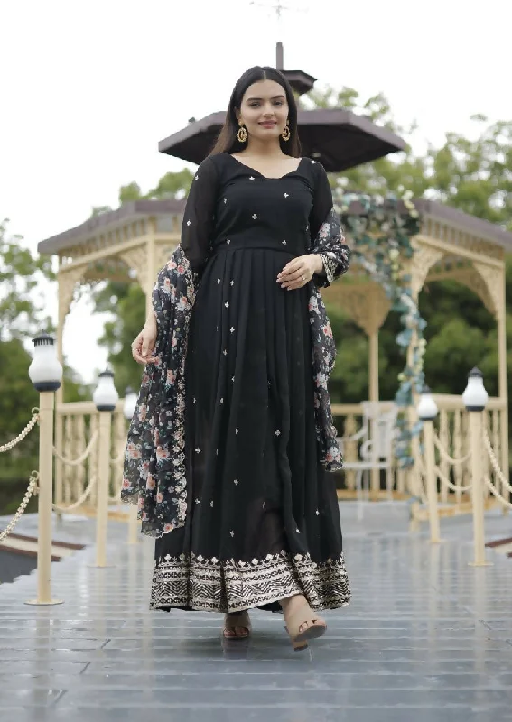 Jyoti Fashion Women's Black Faux Blooming Sequins with Zari Embroidery Anarkali Dress with Dupatta Tunics Luxurious high-end Jyoti Fashion Women's Black Faux Blooming Sequins with Zari Embroidery Anarkali Dress with Dupatta Tunics Luxurious high-end