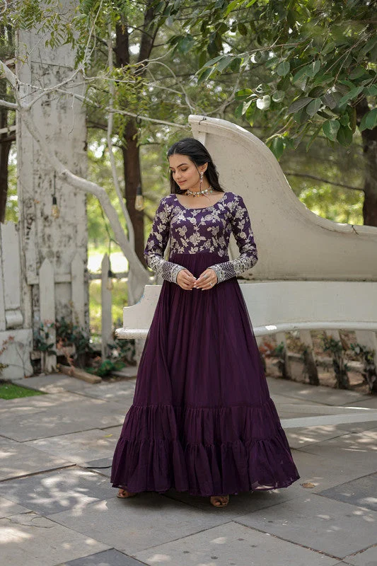 Jyoti Fashion Women's Wine Faux Blooming Jacquard with Sequins Embroidered Anarkali Dress Square Neckline Feminine Jyoti Fashion Women's Wine Faux Blooming Jacquard with Sequins Embroidered Anarkali Dress Square Neckline Feminine