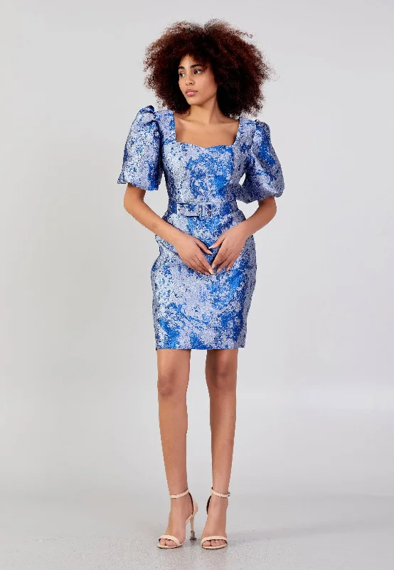 Short Puffy Sleeve Mini Column Cocktail Dress - Silver Blue Tunics Luxurious high-end Short Puffy Sleeve Mini Column Cocktail Dress - Silver Blue Tunics Luxurious high-end