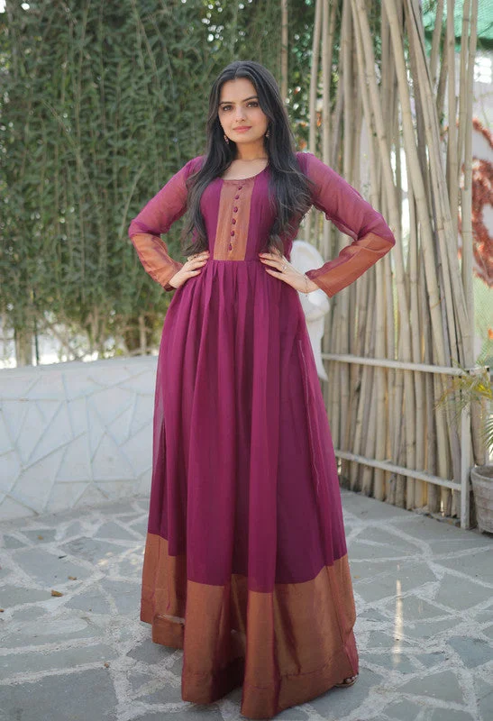 Jyoti Fashion Women's Wine Chiffon Zari Woven Festive Anarkali Dress Tunics Favorite customer