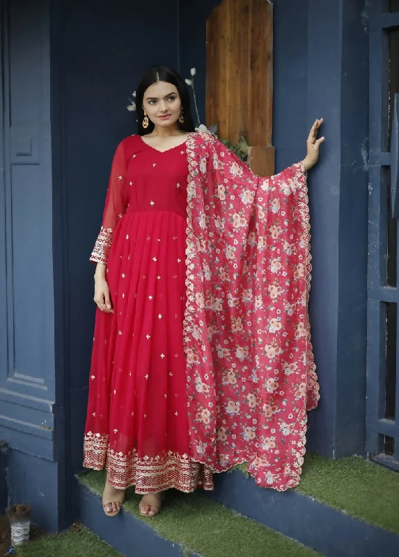 Jyoti Fashion Women's Red Faux Blooming Sequins with Zari Embroidery Anarkali Dress with Dupatta Tunics Sophisticated sleek