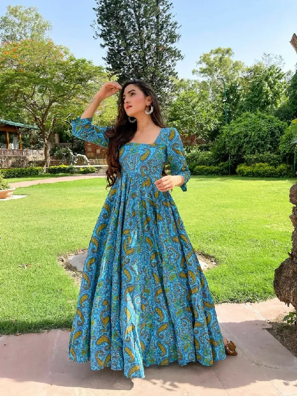 Jyoti Fashion Women's Turquoise Heavy Digital Printed Cotton Silk Anarkali Dress Tunics Luxurious premium Jyoti Fashion Women's Turquoise Heavy Digital Printed Cotton Silk Anarkali Dress Tunics Luxurious premium