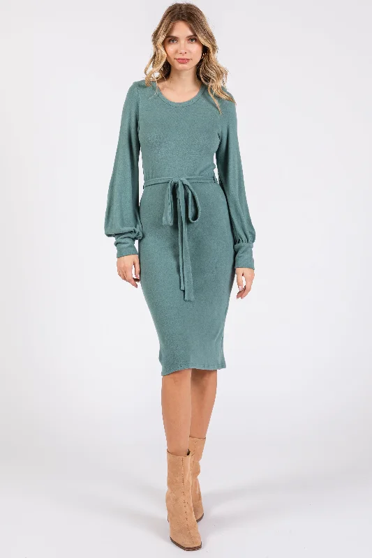 Green Soft Brushed Waist Tie Bubble Sleeve Dress Tunics Satin smooth