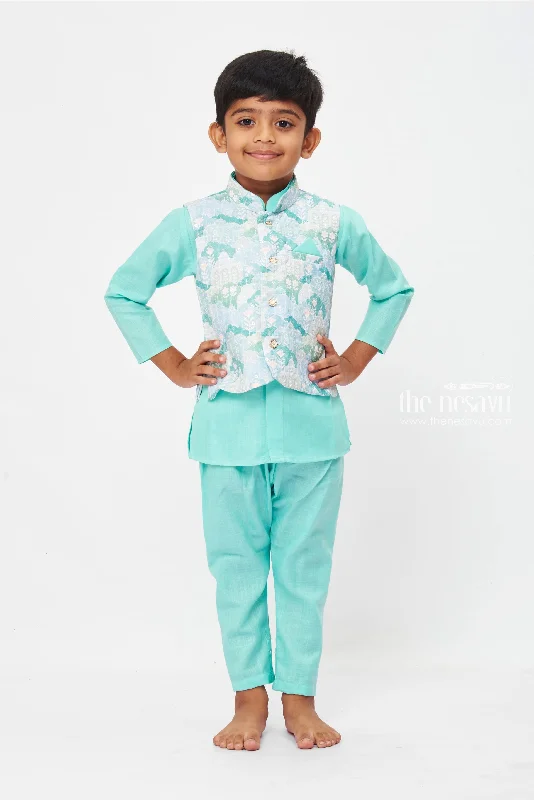 Boys Aqua Blue Traditional Print Kurta Set with Matching Pant Cozy Lounge Pants