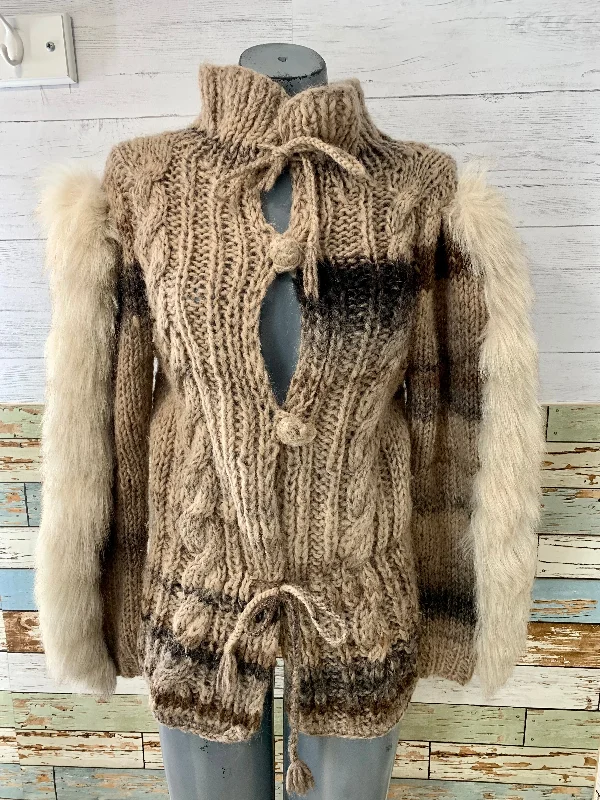 90’s Knit Cardigan Sweater with Fur On Sleeves Ribbed Striped Patterned