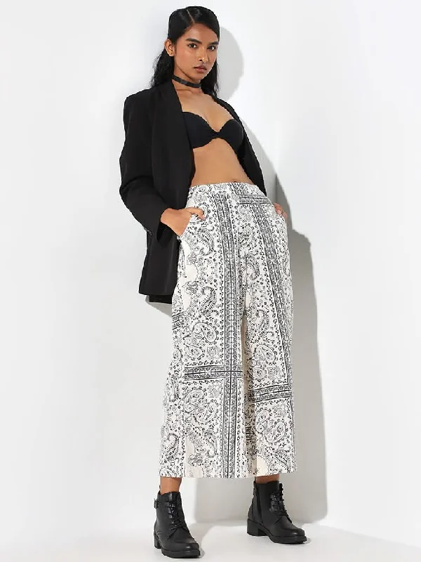 Bombay Paisley Off-White Paisley Print Flared Mid Rise Cotton Pants Formal Linen Trousers