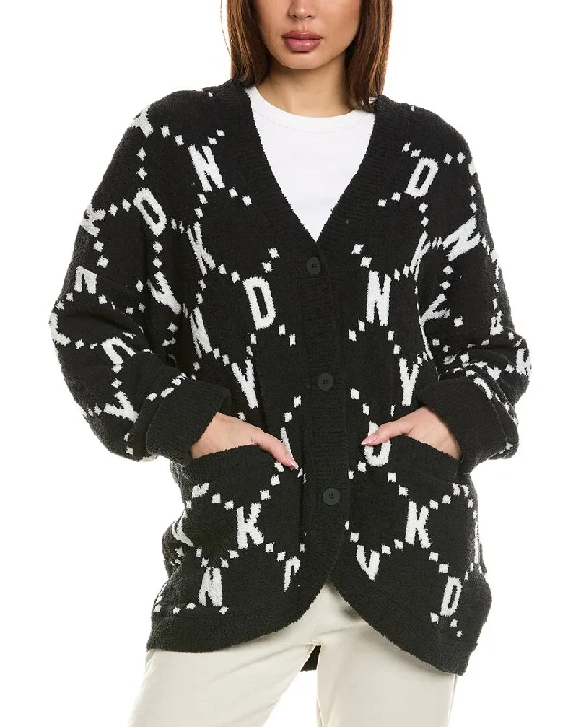DKNY Hooded Plush Cardigan Notch Collar Peter Pan Collar Cowl Neck