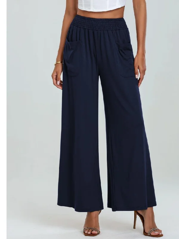 Causal Pocketed Elastic Waist Wide Leg Pants Modern Bootcut Pants