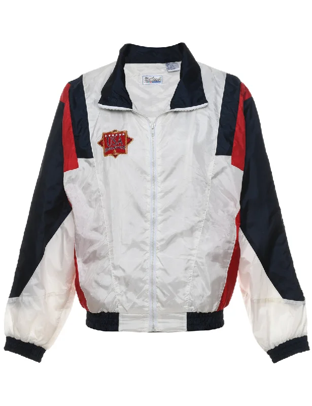 White, Red & Navy U.S.A Design Nylon Jacket - S Stand-Up Collar Roll-Neck Collar Turtle Neck