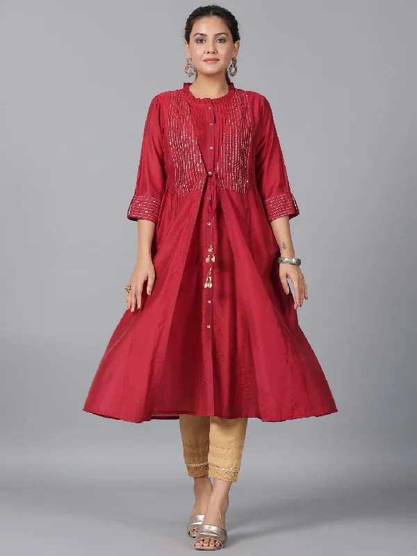 Women's Maroon Chanderi Embroidered Jacket Style Kurta Dress - Juniper Zippered Jacket Buttoned Jacket Snapped Jacket