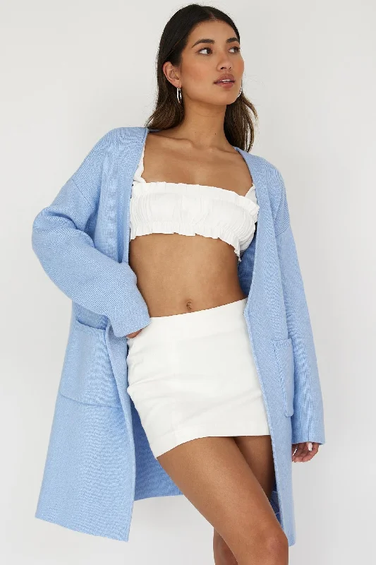 On Point Pocket Cardigan Blue Notch Collar Peter Pan Collar Cowl Neck