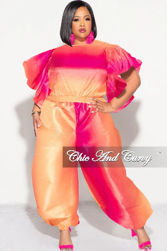 Final Sale Plus 2pc Ruffle Top and Balloon Pants Set in Fuchsia Ombre Color Print Comfy Athletic Pants