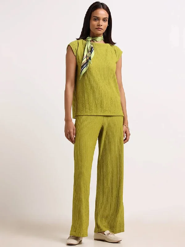 Wardrobe Light Green Flare Pants Casual Plaid Pants