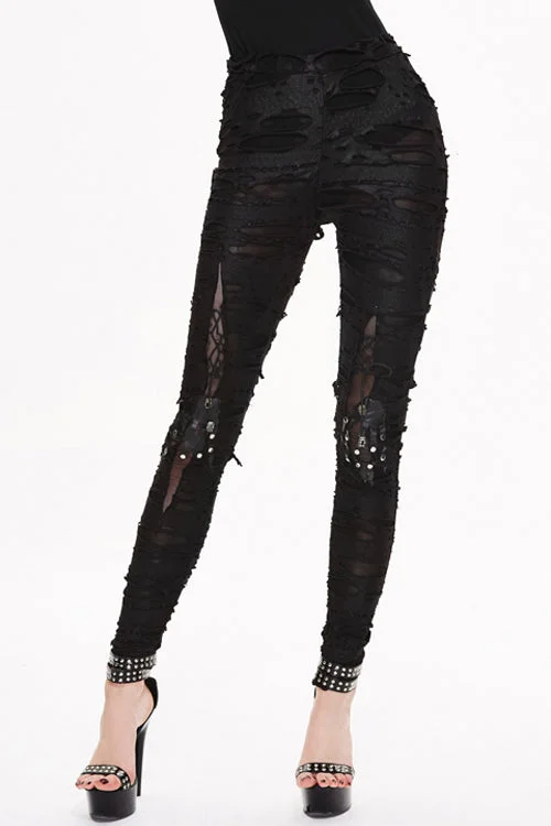 Black Leather Broken Holes Coated Knit Womens Pants Soft Stretch Leggings