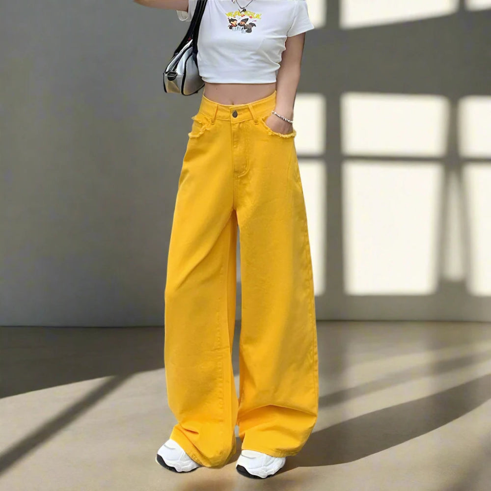 Trendy Y2K Yellow Baggy Denim Pants Cozy Maternity Pants