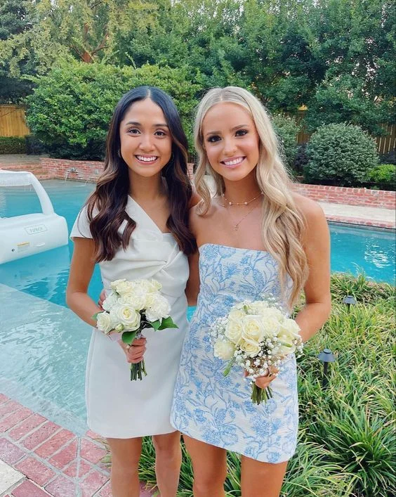 Blue floral elegant cute short bodycon homecoming dress prom dress party dress gh2866 Tunics Denim casual