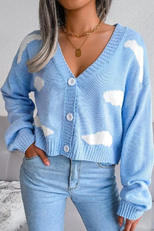 BUTTON UP CLOUD PRINTING SHORT LENGTH CARDIGAN Patchwork Embroidered Appliqued