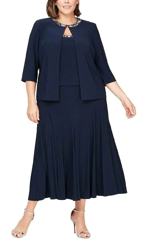 Alex Evenings - 435372 Plus Size Sleeveless A-Line Dress With Jacket Notch Collar Jacket Peter Pan Collar Jacket Cowl Neck Jacket