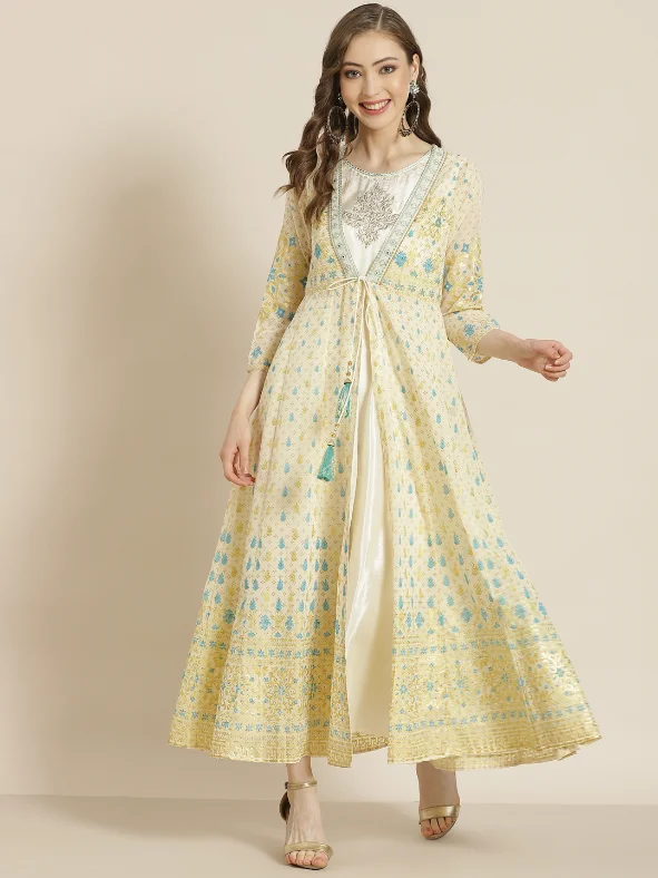 Women's Ivory Georgette Jacket Style 2 Pc Dress - Juniper Print Jacket Jacquard Jacket Embroidered Jacket