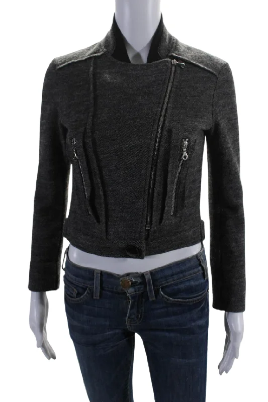 Chloe Womens Wool Blend 2 Pocket Round Neck Zip Up Cropped Jacket Black Front Pockets Side Pockets Patch Pockets