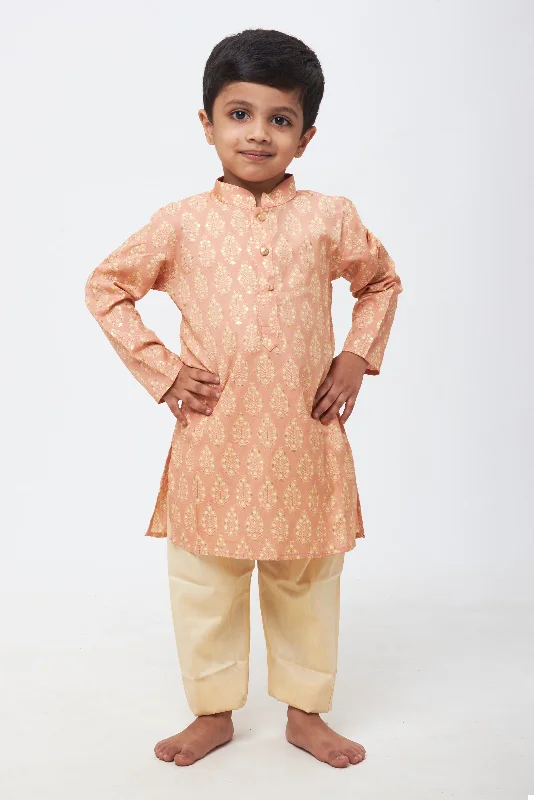 Boys' Dusty Rose Kurta with Royal-Inspired Motifs & Ivory Pant Set Chic Wool Trousers