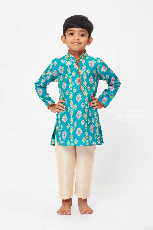Boys Blue Ikat Printed Traditional Kurta with Pant Set Traditional and Festive Wear for Kids Comfortable Denim Pants