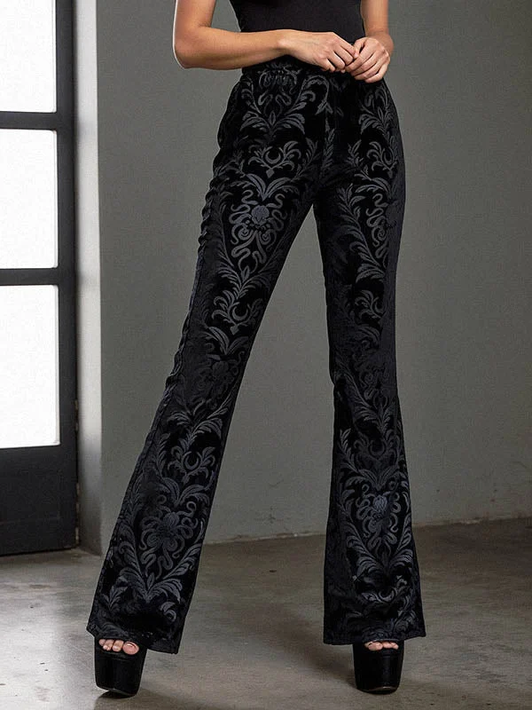 Vintage Floral Gothic Velvet High Waist Skinny Flare Pants Comfy Zip-Up Pants