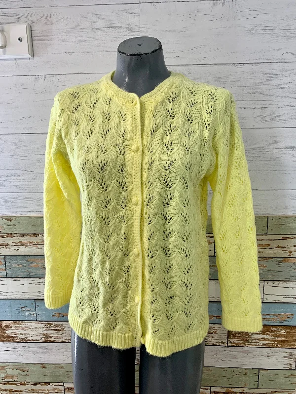 70’s Bright Yellow Knit Cardigan Sweater Striped Floral Plaid