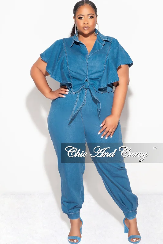 Final Sale Plus Size 2pc Collar Crop Tie Top and Pants Set in Denim Slim-Fit Khaki Pants