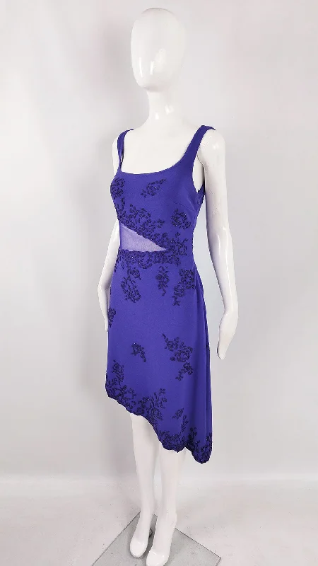 Tadashi Vintage Violet Jersey Sheer Cut Out Mesh Party Dress Tunics Satin smooth