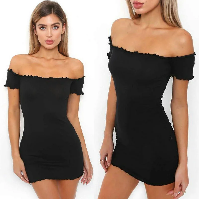 Off Shoulder Short Sleeve Crimping Party Dress Boatneck Modish Everyday