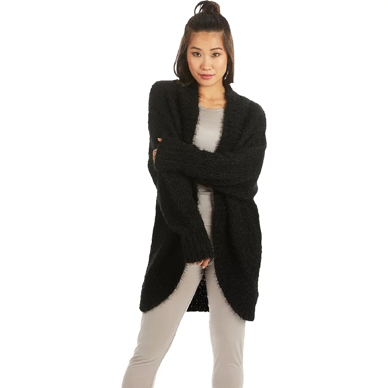 Women's MeMoi Fuzzy Cocoon Loose Cardigan Black Glossy Satin Silk