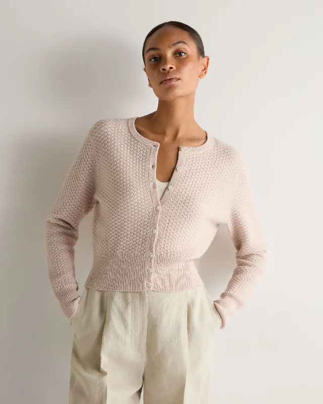 Women's Tuck Stitch Cashmere Cardigan Dusk Pink Open Front Closed Front Wrap Front
