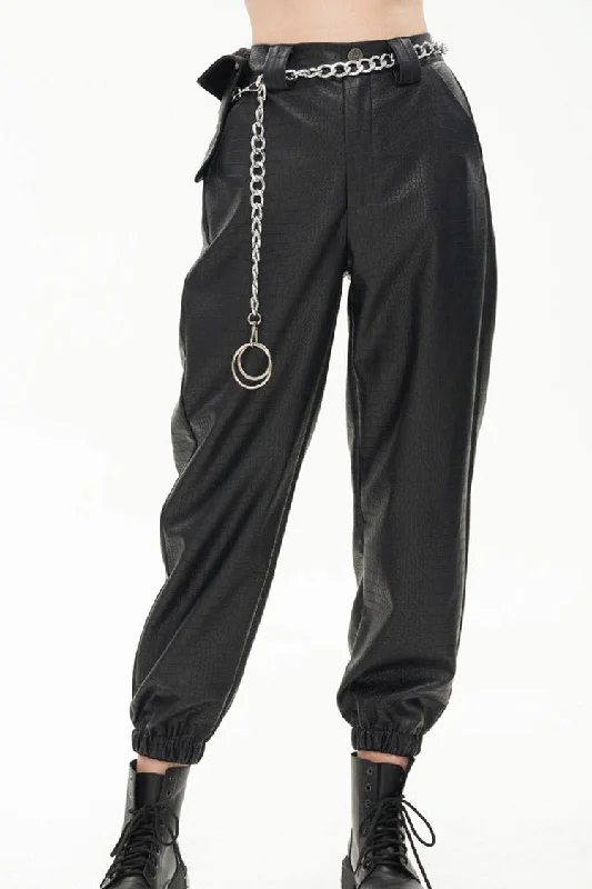 Black Gothic Crocodile Pattern Metal Chain Design Lantern Leather Women's Pants Comfy High-Waist Jeans