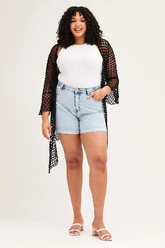 Black Ruffle Sleeve Open Front Crochet Cardigan Layered Multi-layer Single Layer