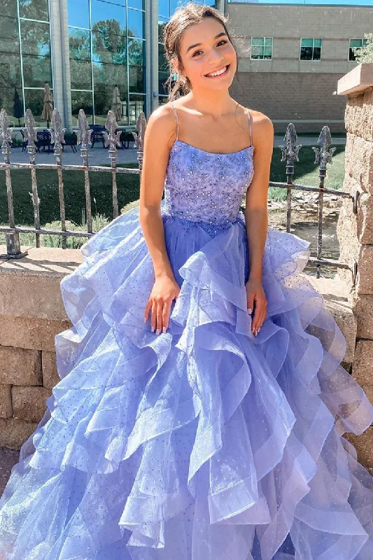 Evening Party Dresses A Line Lavender Long Prom Dresses with Cascading Ruffles Satin Halter Glamorous Evening Party Dresses A Line Lavender Long Prom Dresses with Cascading Ruffles Satin Halter Glamorous