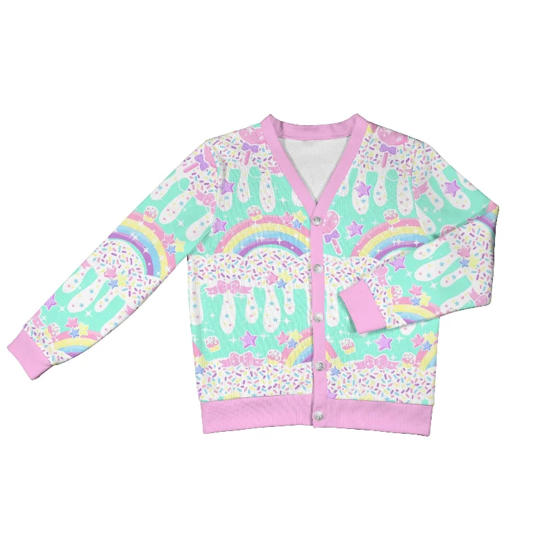 Rainbow Sweets Mint Women's Ribbed Button Up Cardigan Print Jacquard Patchwork